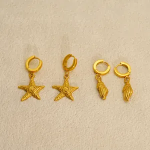 Ocean series 18k gold plated stainless steel starfish and seashell drop earrings set
