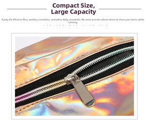 Close-up of holographic PVC waist bag detailing silver zipper and vibrant rainbow texture