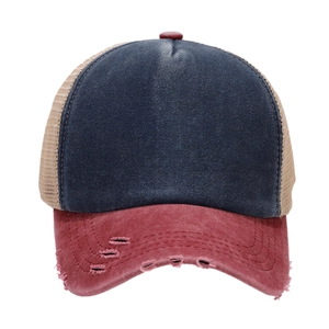 Vintage navy blue and red distressed baseball cap with breathable beige mesh panels