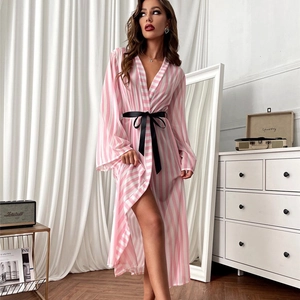 Pink striped long-sleeved satin bathrobe for women with black bow tie waist belt