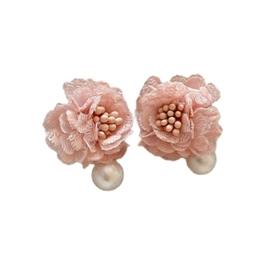 Pink petal lace earrings with floral mesh and hanging pearl drops for women