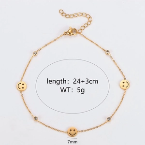 Smile Gesicht Anhänger Fußkettchen 304 Edelstahl 18K Vergoldet Strass Eingelegt Minimalistischer Schmuck Für Damen