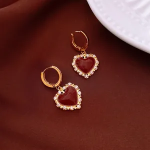 Luxury gold plated heart hoop earrings with red enamel and sparkling zircons for women