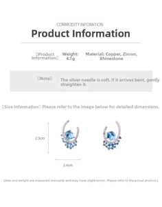 Detailed view of U-shaped earrings with blue cubic zircon stones and dimensions