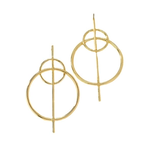 Minimalist gold geometric hoop earrings with double circles and long vertical bar accent