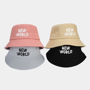 Cotton Canvas Bucket Hat With New World Letter Print Foldable Sun Protection Outdoor Casual Streetwear