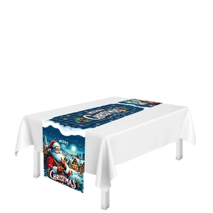 Christmas table runner featuring Santa Claus and snow village for holiday party decor