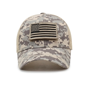 Tactical camouflage baseball cap with USA flag patch and breathable mesh back