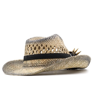Straw cowboy hat with vintage gradient finish and gold metal studs on black band