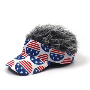 Detail of baseball cap with US flag pattern and gray curly synthetic hair on top
