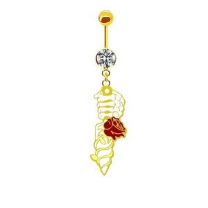 Piercing de nombril gothique doré avec main de squelette tenant un poignard et rose rouge