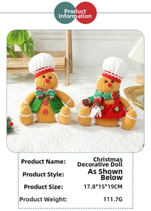 Detail view of knitted Christmas gingerbread dolls with size and weight specifications