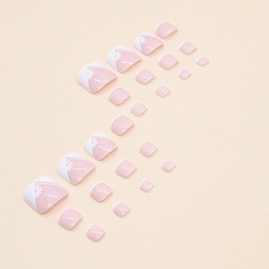 Minimalist French white daisy press-on toenails with glossy light pink finish 24pcs set
