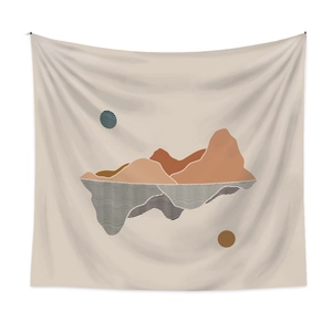 Minimalist Nordic tapestry with terracotta mountains and blue waves on beige fabric background