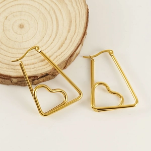 Minimalist gold heart earrings with geometric rectangle elements on white background
