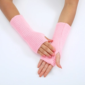 Detailed knit texture of pink fingerless arm warmers with chic striped pattern
