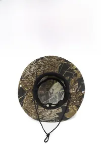 Detail view of camouflage boonie hat with adjustable chin strap and breathable mesh liner