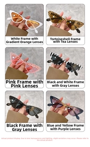 Cat eye sunglasses detail showing metal chain temples and various colorful lens options