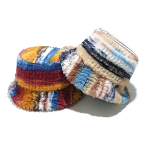 Bucket Hat Faux Fur Colorful Striped Winter Warm Thickened Fashion Accessory For Women