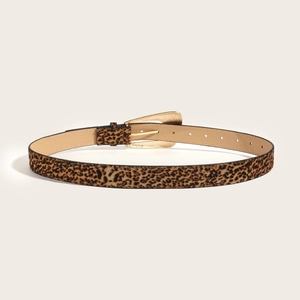 Chic leopard print skinny belt with gold buckle and textured finish for women