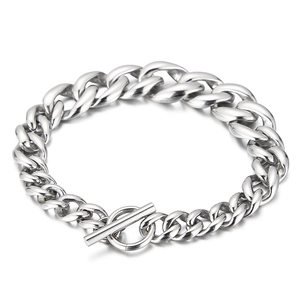 Polished silver stainless steel Cuban chain bracelet with classic OT toggle clasp design