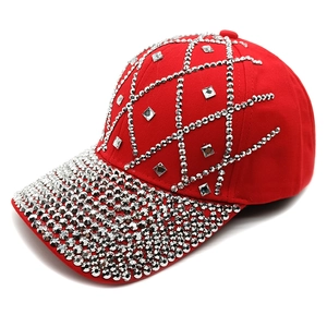 Luxe red baseball cap with sparkling silver rhinestone grid and crystal studded brim
