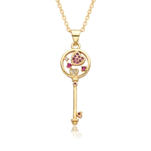 18k gold plated heart key necklace with pink and white cubic zirconia crystals