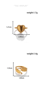 Detailed dimensions and weight for gold heart and leaf adjustable stainless steel rings