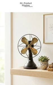 Vintage industrial metal desk fan model with bronze blades on a wooden shelf