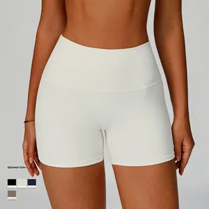 White high-waisted ribbed yoga shorts in seamless knit fabric for fitness and running
