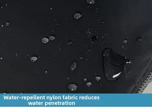 Close-up of black water-resistant nylon fabric with water droplets on a sports fanny pack