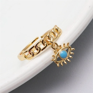 Adjustable gold evil eye ring with cubic zirconia inlay and Cuban link band style