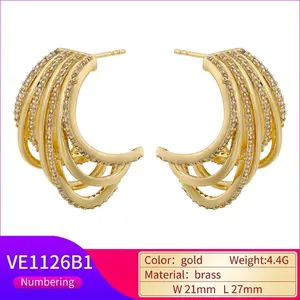 Retro multi-layer hollow C-shaped gold brass earrings with cubic zirconia, 21mm x 27mm