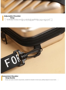 Detail of adjustable textile strap and black swivel hook on mini hardshell suitcase bag