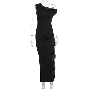 Detail view of slim fit black one shoulder dress with sheer mesh ruffle and ruching side