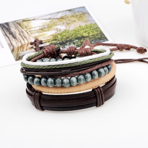 Multilayer braided leather bracelet set with brown cowhide and colorful beads for men