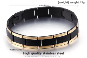 Detail view of two-tone black and gold stainless steel men's bracelet with dimensions
