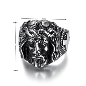Vintage stainless steel Jesus Christ ring with relief engraving and cross pattern