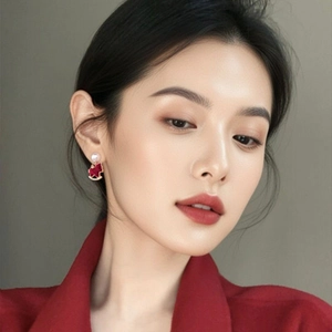 Elegant red pony pendant earrings with gold frame and pearl detail on female model