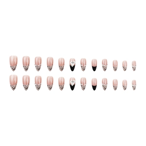 French leopard print press-on nails with 3D heart rhinestones and pearl accents