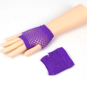 Detail of purple fishnet fingerless gloves with elastic mesh texture and finger loop design