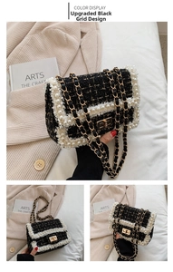 Detail of upgraded black tweed chain bag with pearl trim and golden metal clasp