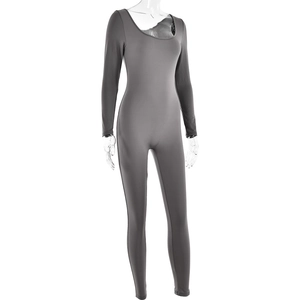 Detail of grey long sleeve bodysuit on transparent mannequin with U-neck design