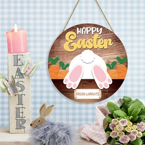 Round wooden Easter door sign with white bunny and Happy Easter text in farmhouse style