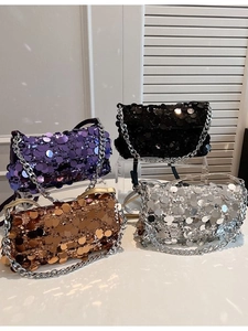 Chic sequined evening bags in four colors with chain straps for women's parties