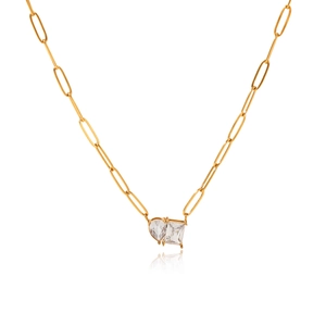 18k gold plated stainless steel paperclip necklace with square and heart zircon charms