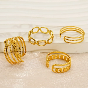 Detailed view of four adjustable gold-plated chain rings on a textured white background