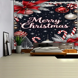 Detailed view of Merry Christmas wall tapestry with festive decorations in a bedroom setup