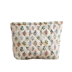 Quilted floral makeup bag with elegant orange and purple flower pattern on white base