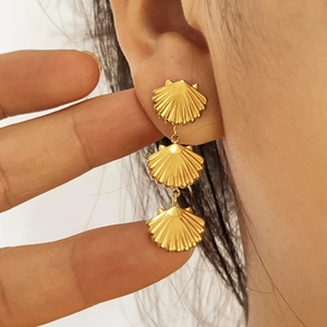 Vintage Dreifach Muschel Hängeohrringe Edelstahl Vergoldet Ozean Fächerform Elegante Mode Schmuck Für Damen
